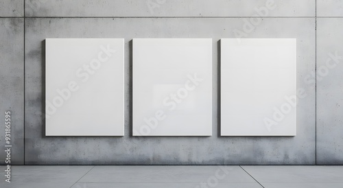 Set of three blank white poster mockup canvas on the wall, concrete background, minimalistic hyper realistic artwork template