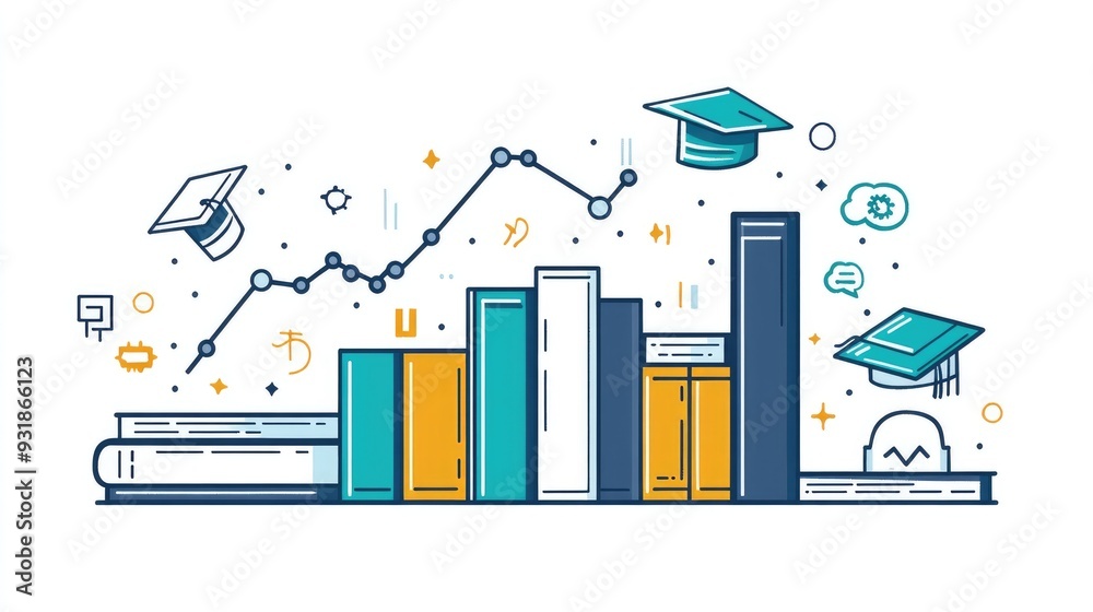 Student achievement infographic with an upward trending graph and educational icons like books and graduation hats, on white Student achievement infographic with an upward trending graph and educational icons like books and graduation hats, on white
