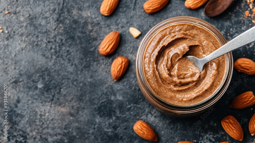 Top view of homemade almond butter in a glass jar, with fresh almonds and a spreading knife Top view of homemade almond butter in a glass jar, with fresh almonds and a spreading knife