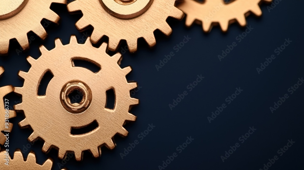 Close-up of intricate golden gears on a dark background, representing mechanics, engineering, and precision in design. Close-up of intricate golden gears on a dark background, representing mechanics, engineering, and precision in design.