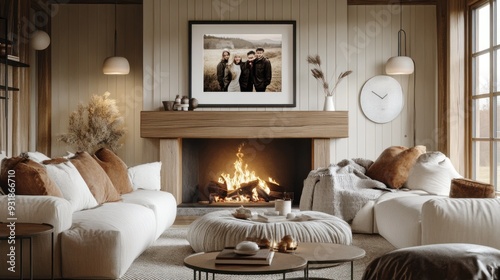 Cozy Living Room with Fireplace, Couch, and Family Photo