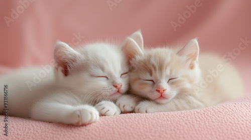 Two little cute ginger kittens. Two cats hugging Pet. Sleep and cozy sleep. Valentine's day or birthday greeting card