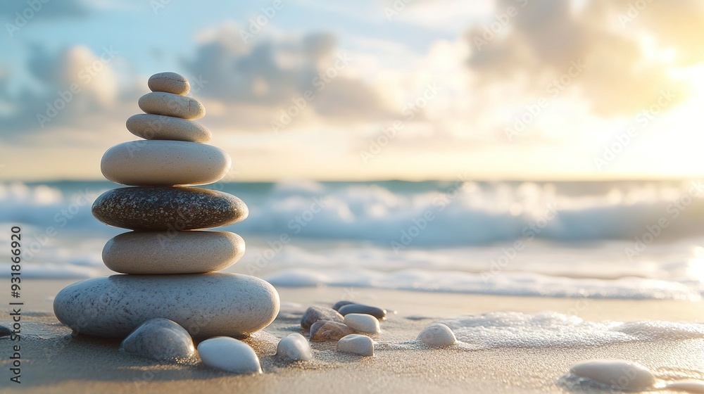 A 3D image featuring a tower of stacked Zen stones perfectly balanced on a smooth surface, with a gentle beach scene in the background, including sandy shores and a distant horizon A 3D image featuring a tower of stacked Zen stones perfectly balanced on a smooth surface, with a gentle beach scene in the background, including sandy shores and a distant horizon
