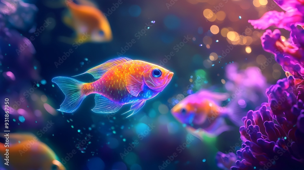 Fototapeta premium Neon-Hued Fish Glowing in Bioluminescent Underwater Seascape