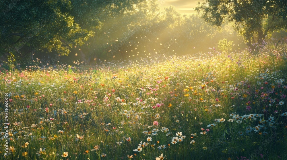 Fototapeta premium Sunlit Meadow with Wildflowers and Sunlight Filtering Through Trees