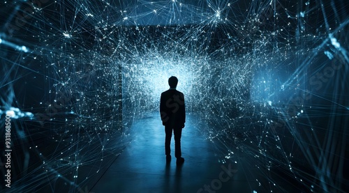 Silhouette of a Person Standing in a Network of Light Lines