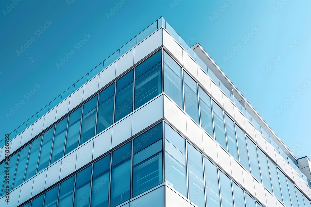 Modern Architectural Marvel: A Glimpse of a Sleek Glass Building Against a Clear Blue Sky Modern Architectural Marvel: A Glimpse of a Sleek Glass Building Against a Clear Blue Sky