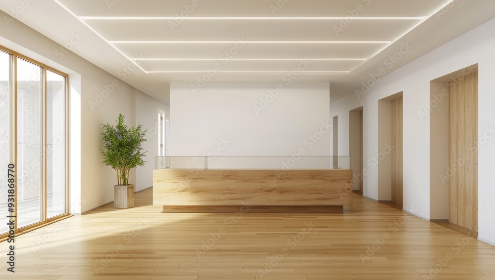 Fototapeta premium White wall light wood desk with glass on the right side, rectangular windows on both sides of wooden frame