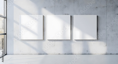 Wallpaper Mural Set of three blank white poster mockup canvas on the wall, concrete background, minimalistic hyper realistic artwork template Torontodigital.ca