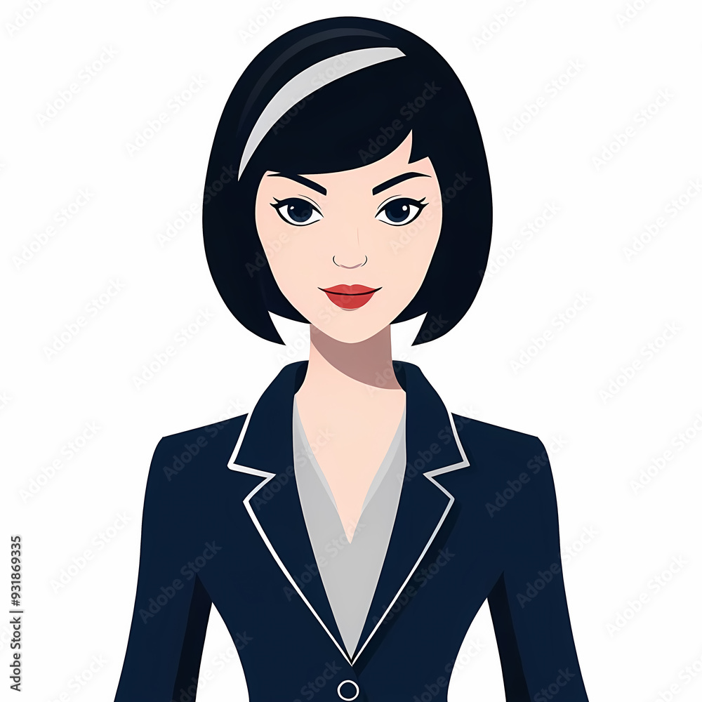 Minimalist vector illustration of a confident businesswoman with neat bob hairstyle, tailored navy blue blazer, and light grey blouse, created with simple lines and solid colors for a clean modern loo Minimalist vector illustration of a confident businesswoman with neat bob hairstyle, tailored navy blue blazer, and light grey blouse, created with simple lines and solid colors for a clean modern loo