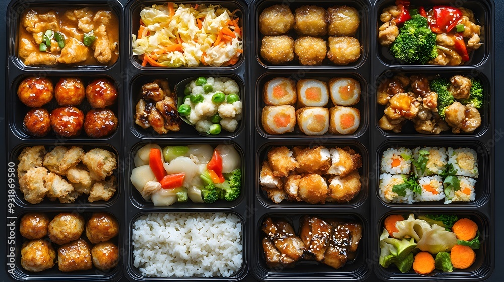 A black plastic food container filled with chicken balls, rice, and vegetables is seen in the middle of an array of other healthy meal boxes