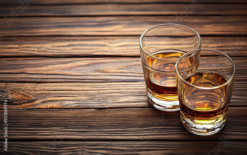 Glasses of whiskey on a wood background. photo