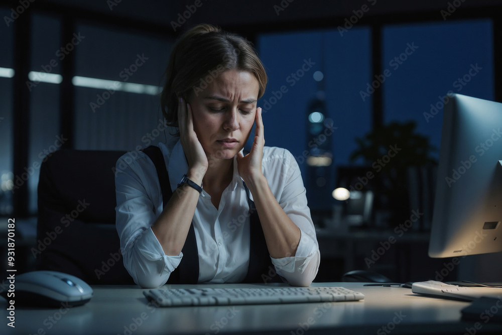 Portrait of stressed employee woman is sitting at workplace at night in the office, overtime Portrait of stressed employee woman is sitting at workplace at night in the office, overtime