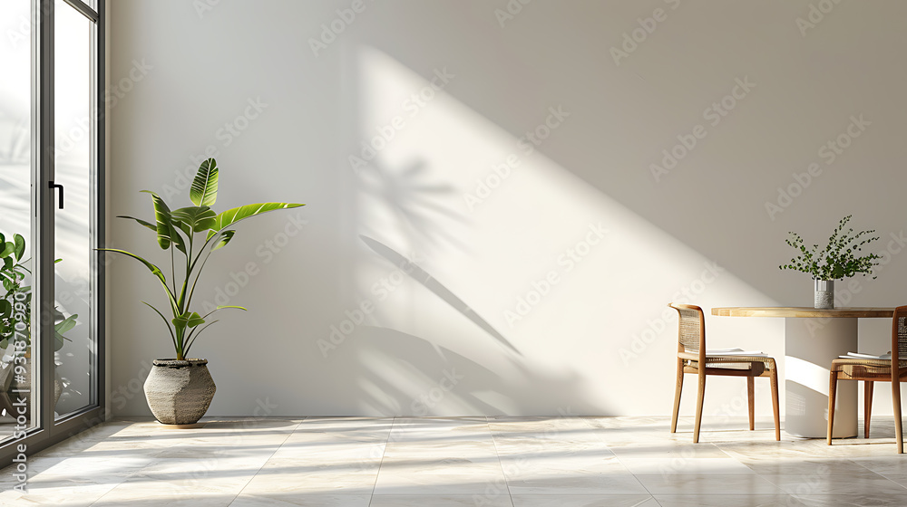 A minimalistic dining room with a round table and two chairs, a potted plant and a vase of flowers, and natural light streaming through the window.
