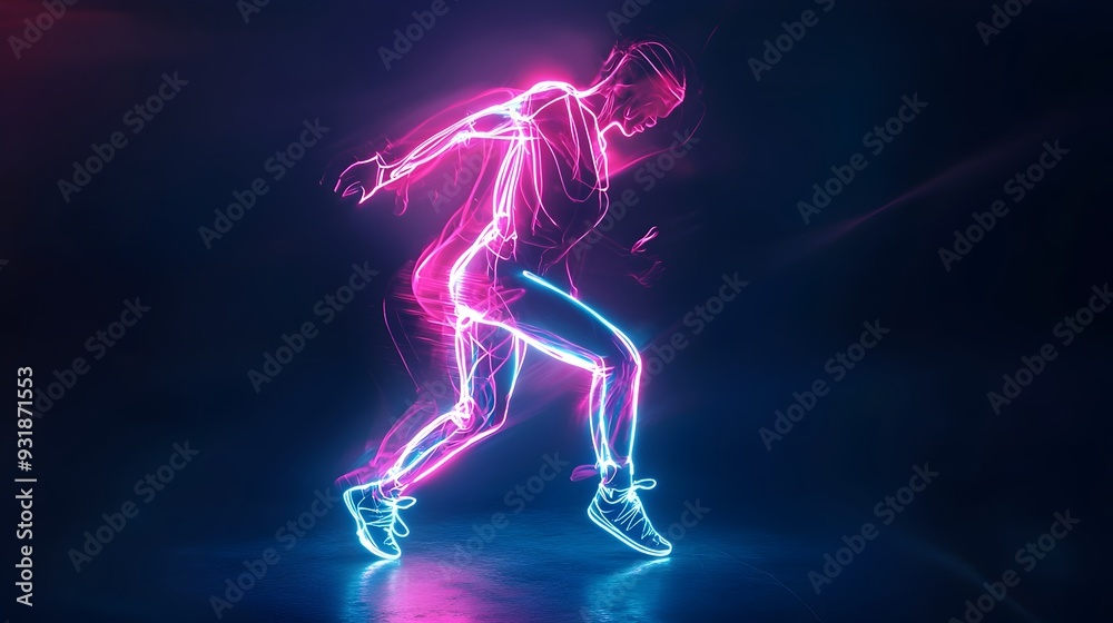 Neon Silhouette of Expressive Dancing Figure in Motion Against Dark Backdrop Neon Silhouette of Expressive Dancing Figure in Motion Against Dark Backdrop