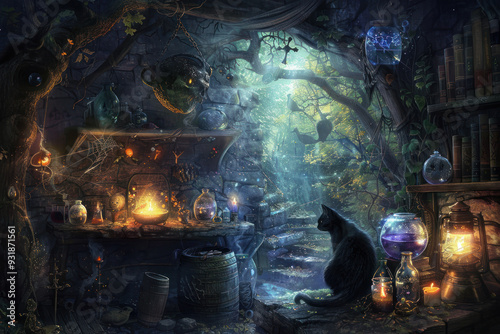 Witch's lair in the enchanted forest at twilight