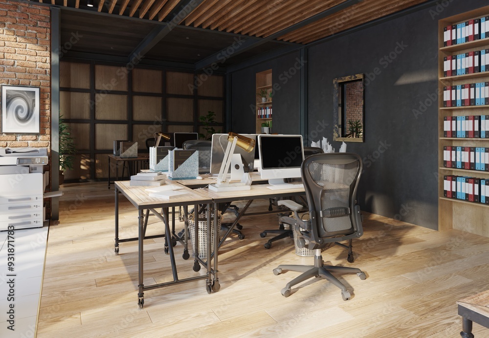 Fototapeta premium open office space with wooden floors and brick walls