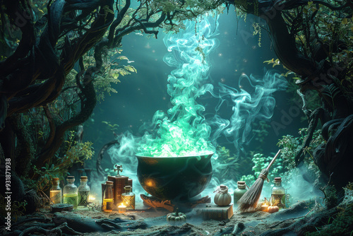 Mystical forest clearing with a bubbling cauldron