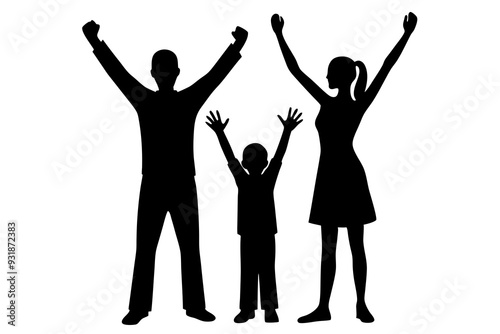 Excited Family Cheering with Arms Raised, Vector Illustration, Group Celebration