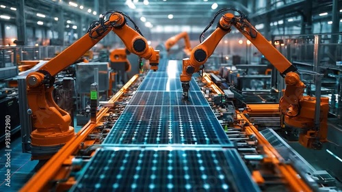 Factory producing solar panels, with robotic arms and automated systems in action.