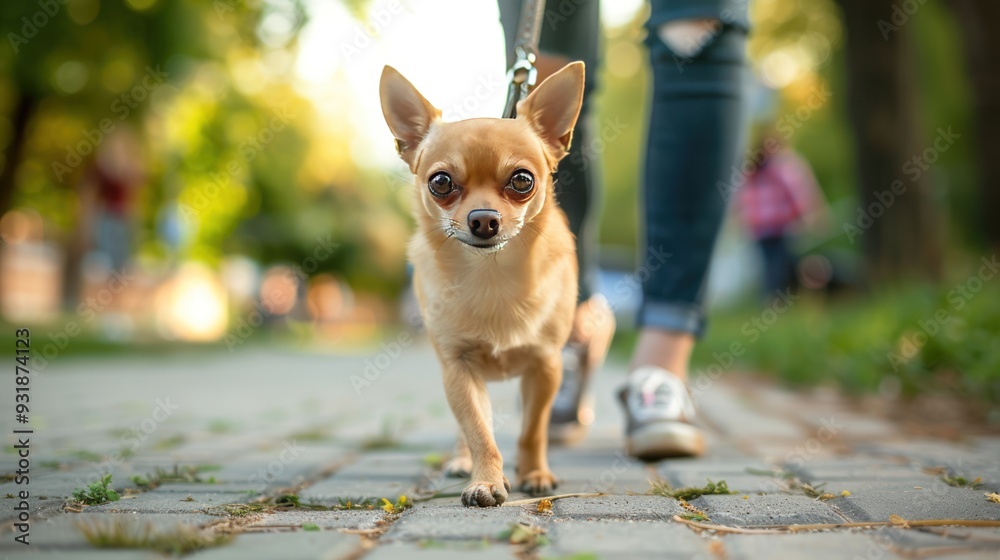 A small chihuahua dog on a leash being walked by its owner in a park, the dog looks at the camera. A small chihuahua dog on a leash being walked by its owner in a park, the dog looks at the camera.