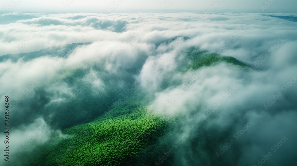 Fototapeta premium Sloppy green mountains in white clouds image. Old ridge peaks hidden by heavy fog photography scene wallpaper. Serene highland landscape in hazy morning photorealistic photo
