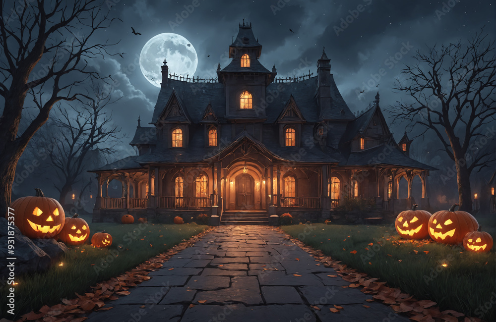 3d halloween render haunted house moon night pumpkin 3d halloween render haunted house moon night pumpkin
