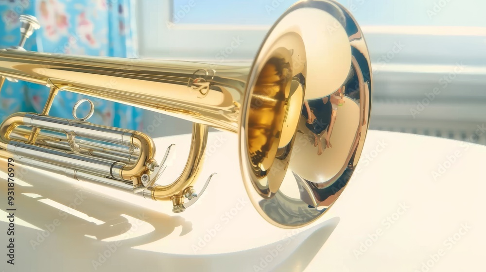 Obraz premium View of the bell of a trombone on a white table