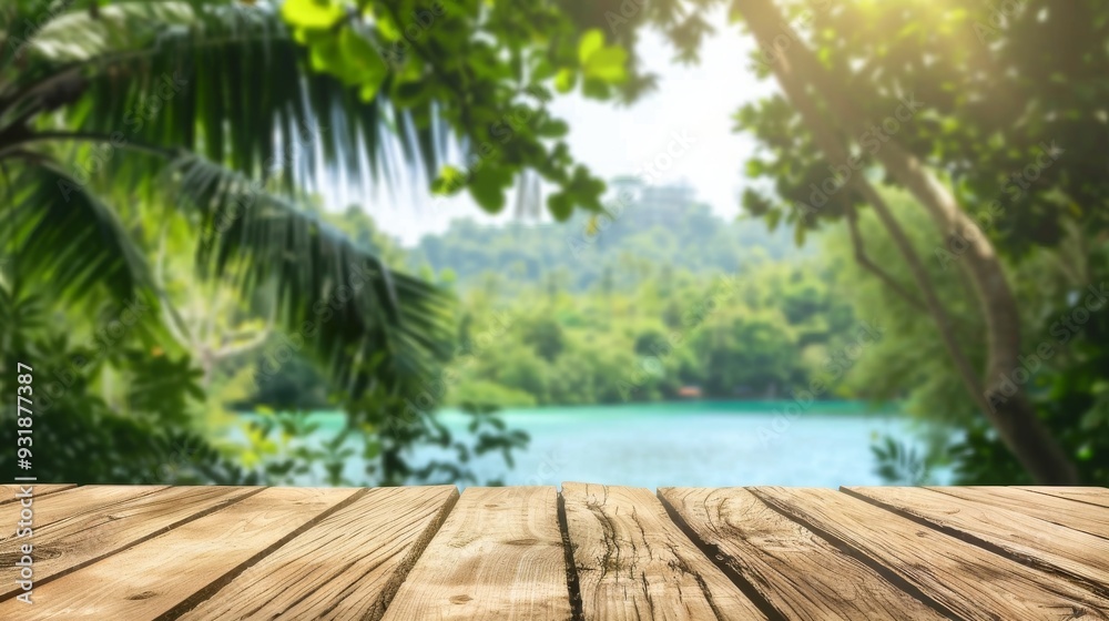 Tropical green background with empty table top in front Tropical green background with empty table top in front