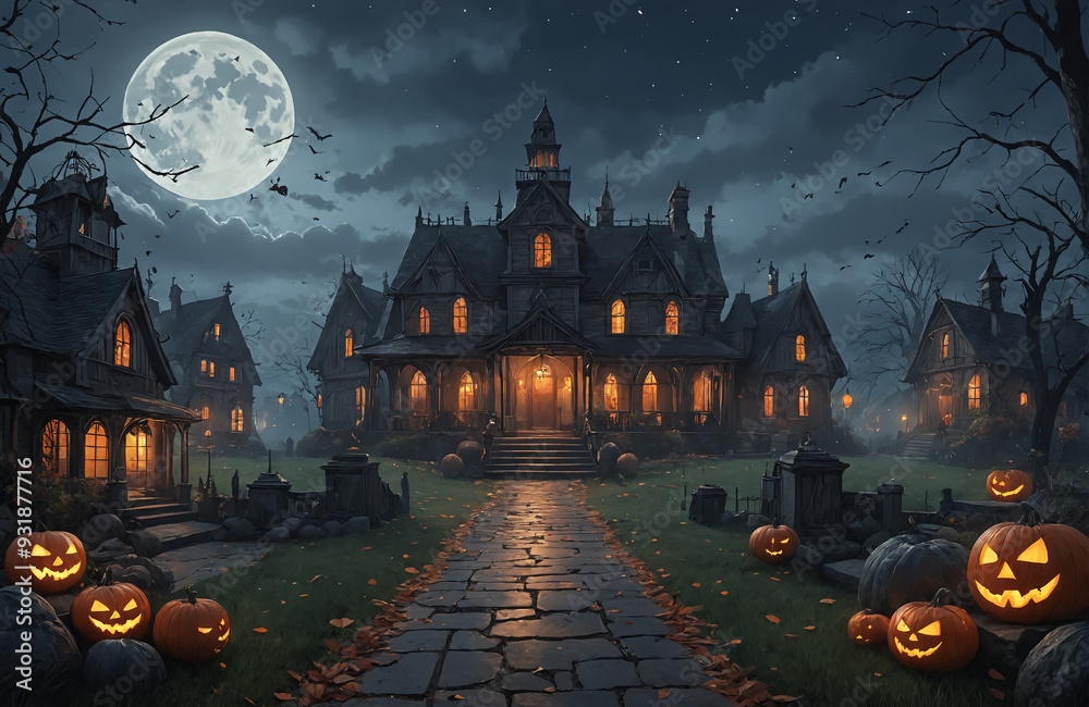3d halloween render haunted house moon night pumpkin 3d halloween render haunted house moon night pumpkin