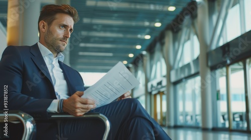 Businessman Reviewing Documents in Airport Lounge