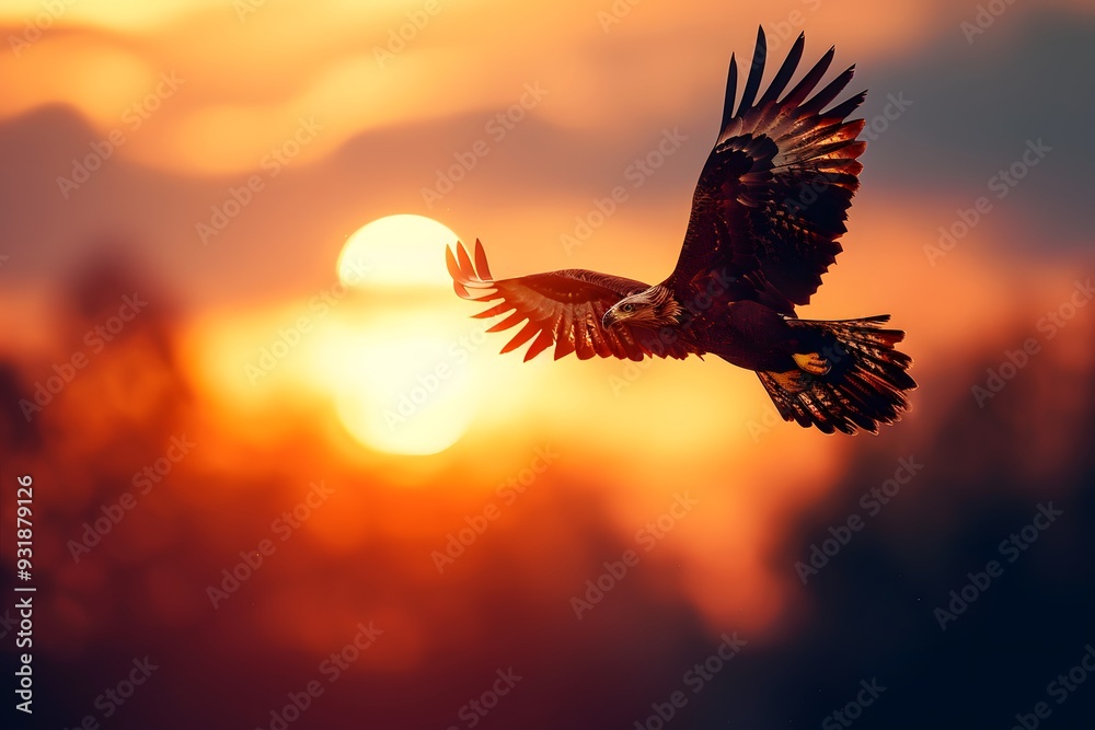 Obraz premium Majestic Hawk Soaring Against a Vibrant Sunset