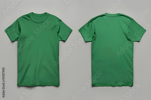 Green color T-shirt blank template front and back view isolated on gray background