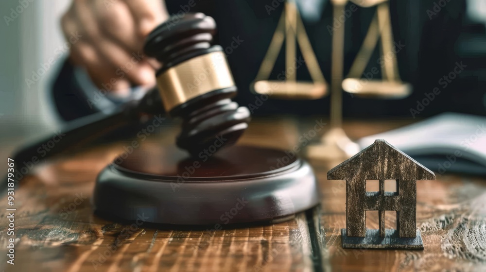 Housing reference judgment concept with judge beating with a gavel and house cutout on wooden table Housing reference judgment concept with judge beating with a gavel and house cutout on wooden table