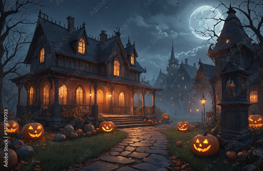 3d halloween render haunted house moon night pumpkin 3d halloween render haunted house moon night pumpkin