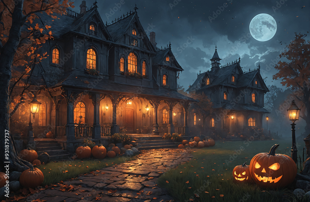 3d halloween render haunted house moon night pumpkin 3d halloween render haunted house moon night pumpkin