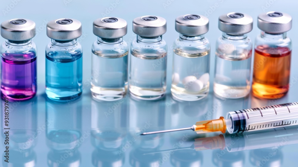 Vials with medication and syringe on blue methacrylate table Vials with medication and syringe on blue methacrylate table
