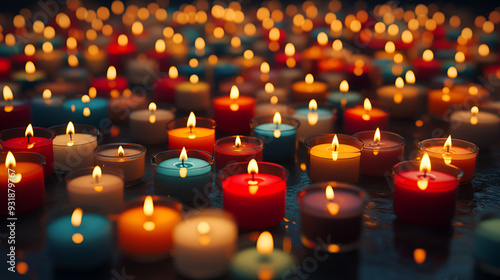 muchas veladoras encendidas de colores para decoracion veladoras para peticiones para oraciones en el altar con devocion y esperanza