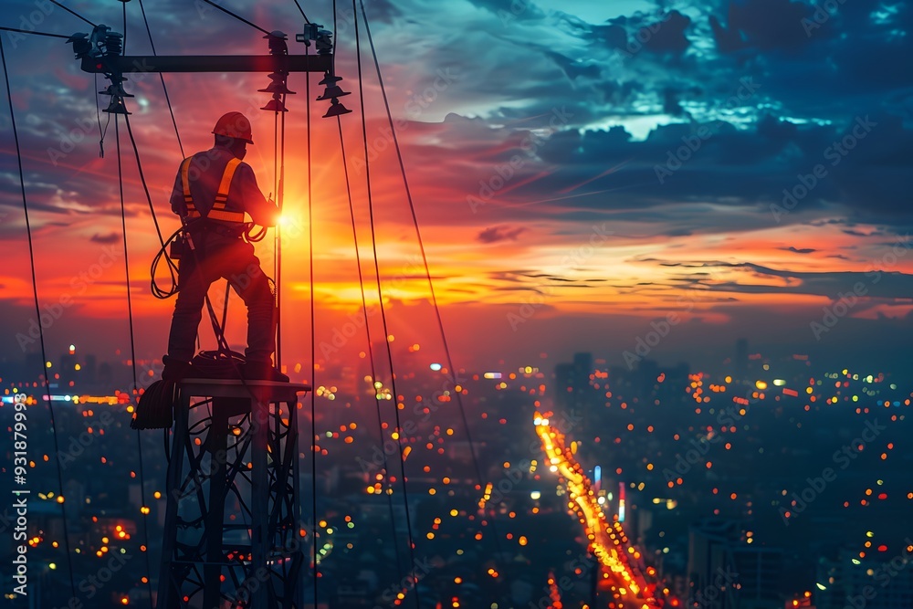 A Towering View: A Worker at Sunset Over a Cityscape A Towering View: A Worker at Sunset Over a Cityscape