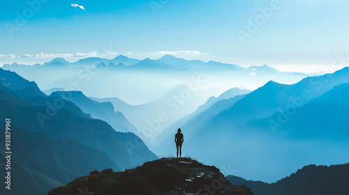 A person standing on a rocky outcrop with mountains in the background.