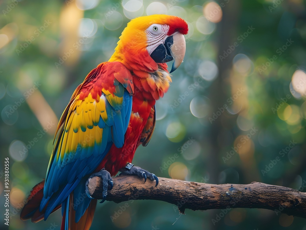 Vibrant macaw perched on a branch in a lush tropical forest during the day