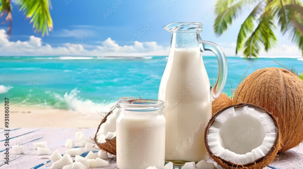 Coconut milk in containers with coconut fruit on wooden table with beach in background
