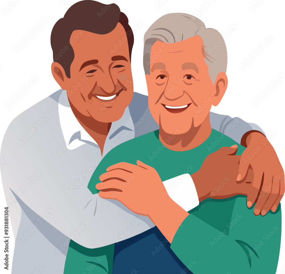 Adult son hugging senior father smiling and happy Adult son hugging senior father smiling and happy