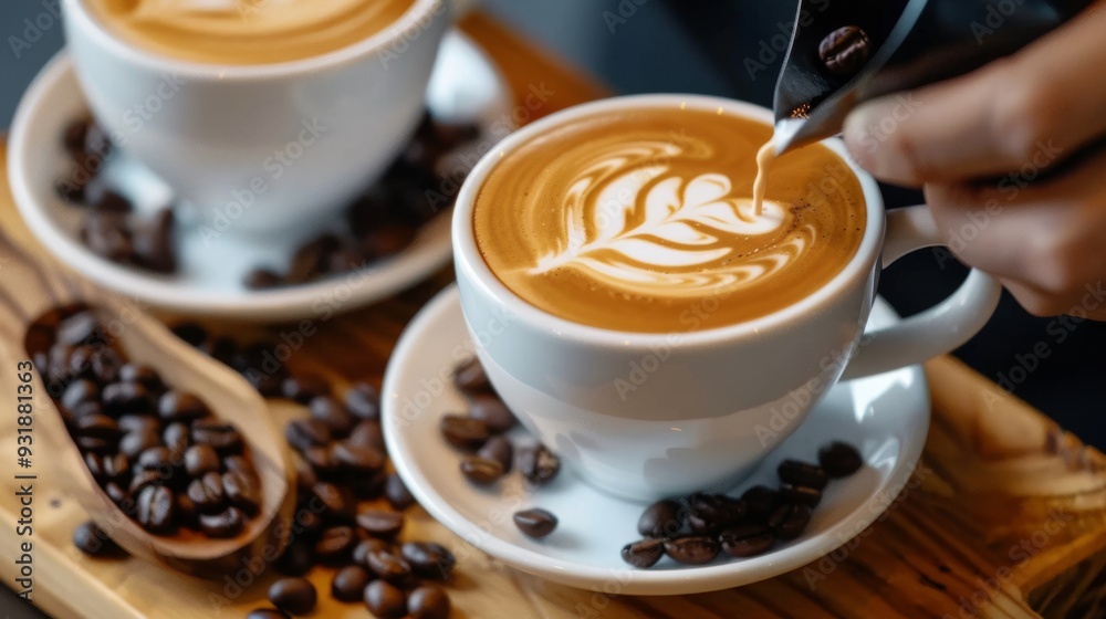 White ceramic cups of cappuccino with latte art White ceramic cups of cappuccino with latte art