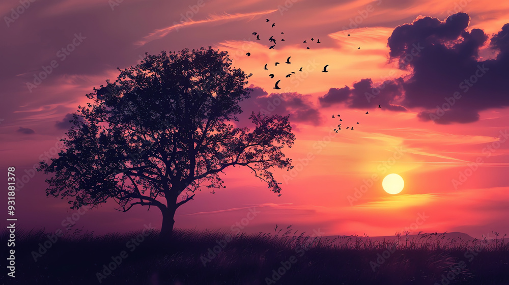 A lone tree with birds flying away from the setting sun. A lone tree with birds flying away from the setting sun.