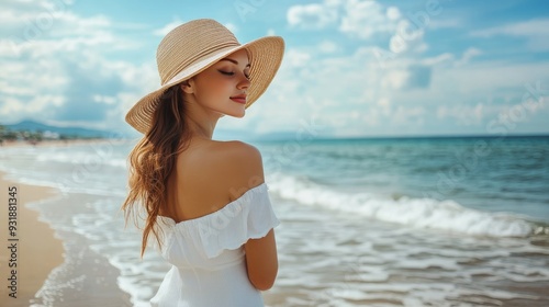 Wallpaper Mural On the beach, unwinding is a stunning young lady wearing a white dress and a straw hat. Savor your weekend or trip. Torontodigital.ca