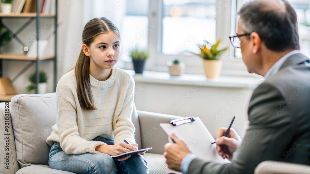Depression Teenage girl sitting on armchair and talking about her problems to psychologist during consultation at office Depression Teenage girl sitting on armchair and talking about her problems to psychologist during consultation at office