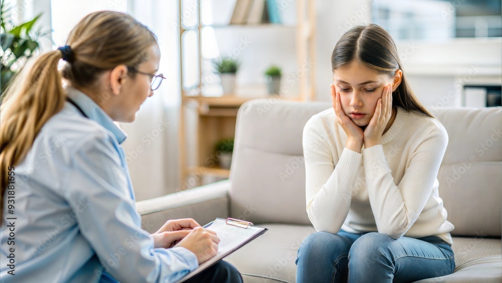 Depression Teenage girl sitting on armchair and talking about her problems to psychologist during consultation at office Depression Teenage girl sitting on armchair and talking about her problems to psychologist during consultation at office