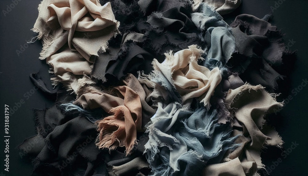 a pile of torn pieces of fabric in dark colors, rags, waste