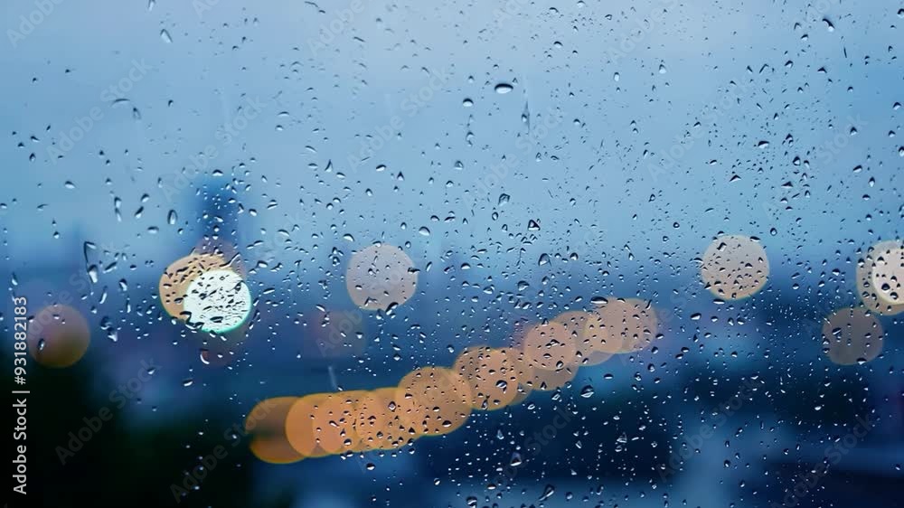 Rain drops on a window overlook city lights during a twilight evening